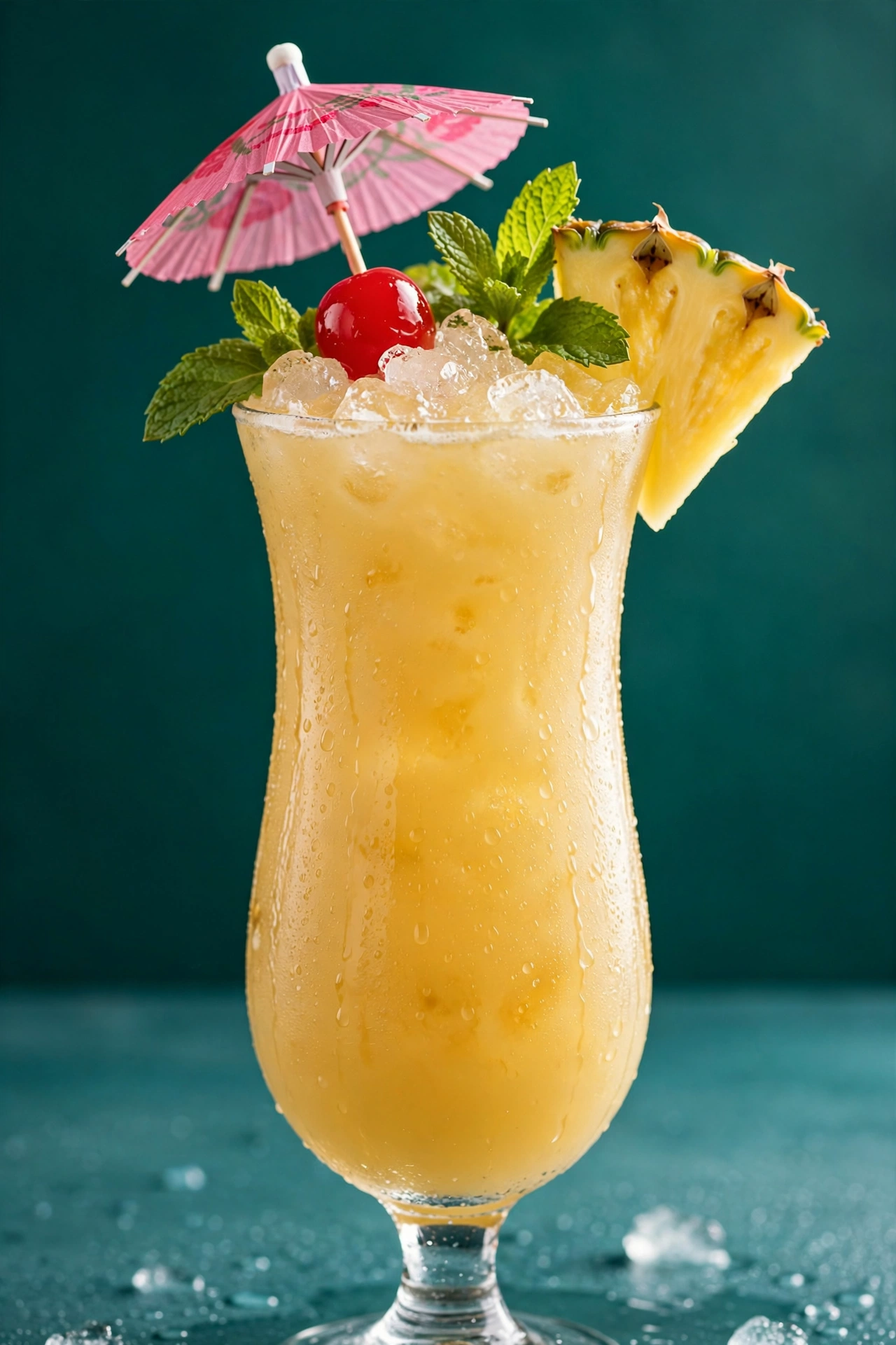 A tall tropical zero proof mocktail with pineapple, mint and a paper umbrella